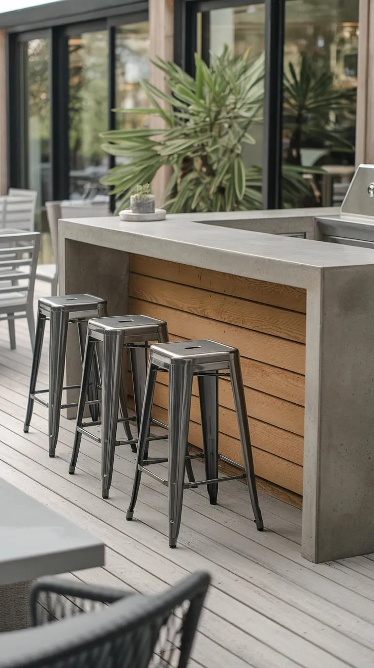 Unwind in style at your own private home terrace bar. This modern outdoor bar, perfect for outdoor entertaining, offers sleek design and ample storage, inspiring terrace bar ideas for your own outdoor living spaces. Rooftop bar design meets covered outdoor kitchens in this ultimate outdoor bar design.