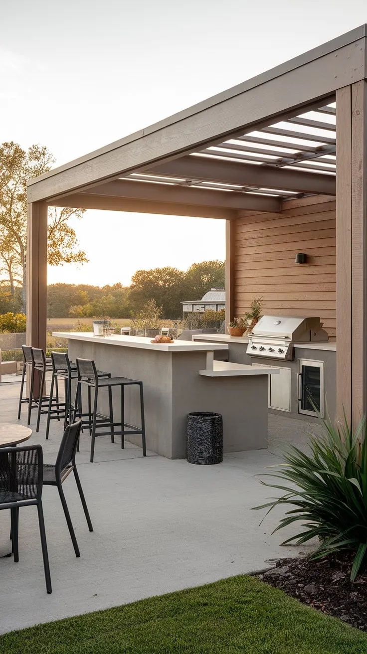 This modern outdoor bar, perfect for outdoor entertaining, seamlessly blends indoor and outdoor living spaces. The covered outdoor kitchen, complete with a grill and ample counter space, is the heart of this home terrace bar, offering effortless terrace decor and inspiring terrace bar ideas. The pergola provides shade, while the concrete floor and wood walls create a stylish backdrop for this rooftop bar design and overall outdoor bar design. A few stools and a small table invite guests to relax and enjoy the serene landscape.