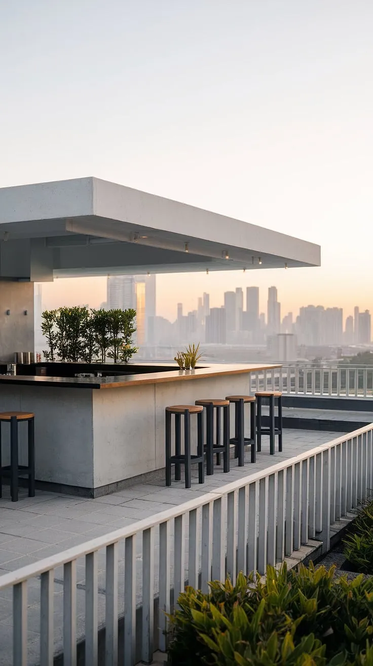 Elevate your outdoor entertaining with this home bar design. This modern outdoor bar, showcasing sleek rooftop bar design and simple terrace decor, provides the ultimate in outdoor bar design and inspiration for creating your own home terrace bar.