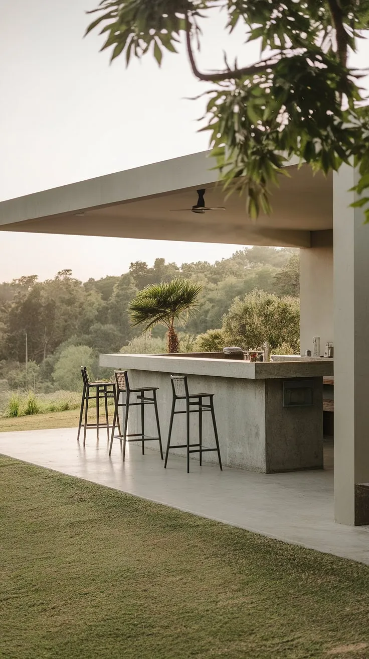 Unwind in style at your dream home terrace bar. This modern outdoor bar design offers the ultimate in outdoor entertaining, blending seamlessly with the lush landscape. Explore rooftop bar design and home bar design inspiration for your own outdoor living spaces.
