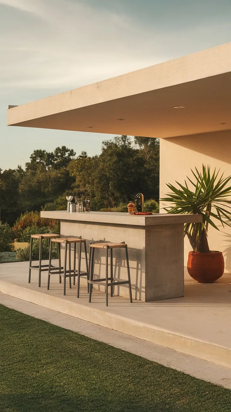 Bathed in warm light, this home terrace bar offers the perfect blend of modern design and outdoor living spaces. The concrete bar, complemented by lush greenery and comfortable stools, provides an ideal setting for outdoor entertaining. This rooftop bar design showcases clever terrace decor and exemplifies some of the best terrace bar ideas for covered outdoor kitchens and home bar design. It's the ultimate outdoor bar design for creating unforgettable moments.