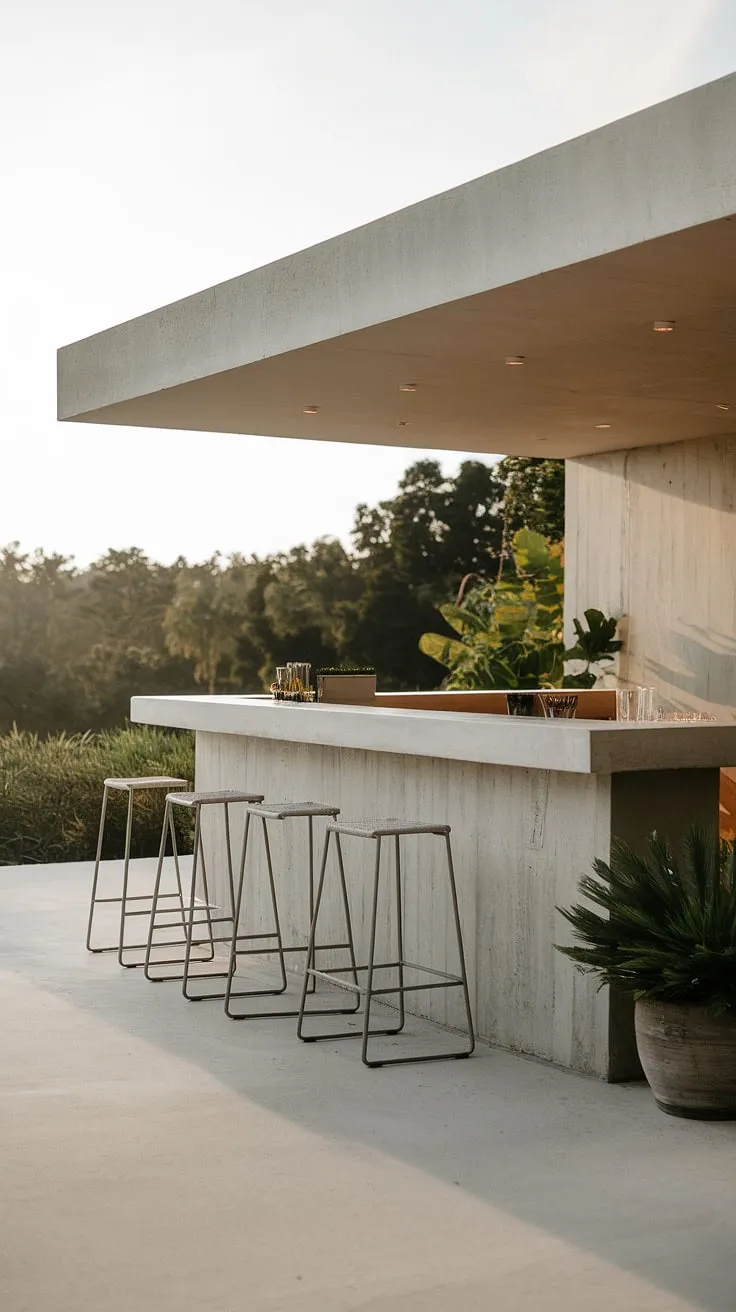 Escape to your own private oasis with this stunning modern outdoor bar. The concrete construction and minimalist design create a sophisticated atmosphere perfect for outdoor entertaining. This home bar design seamlessly integrates with the surrounding landscape, offering inspiring terrace bar ideas and showcasing the potential of covered outdoor kitchens. The simple yet elegant terrace decor and lush backdrop make it the ultimate outdoor living space. Consider this your guide to exceptional rooftop bar design.