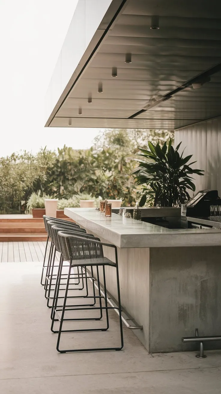 Unwind in style at your dream home terrace bar. This rooftop bar design showcases the ultimate in outdoor bar design, creating an inviting space for outdoor entertaining. Find inspiration for your own terrace decor and outdoor living spaces with this stunning example of modern outdoor bar construction.