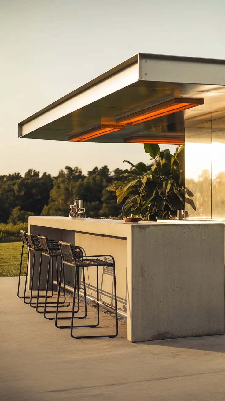 Bathed in warm light, this sleek concrete and metal home terrace bar offers the perfect setting for outdoor entertaining. Its modern design, incorporating elements of covered outdoor kitchens, seamlessly blends with the lush landscape, providing inspiration for terrace bar ideas and outdoor bar design. The minimalist aesthetic enhances the overall outdoor living spaces, making it an ideal addition for any home bar design or rooftop bar design. This is outdoor living at its finest, showcasing sophisticated terrace decor.