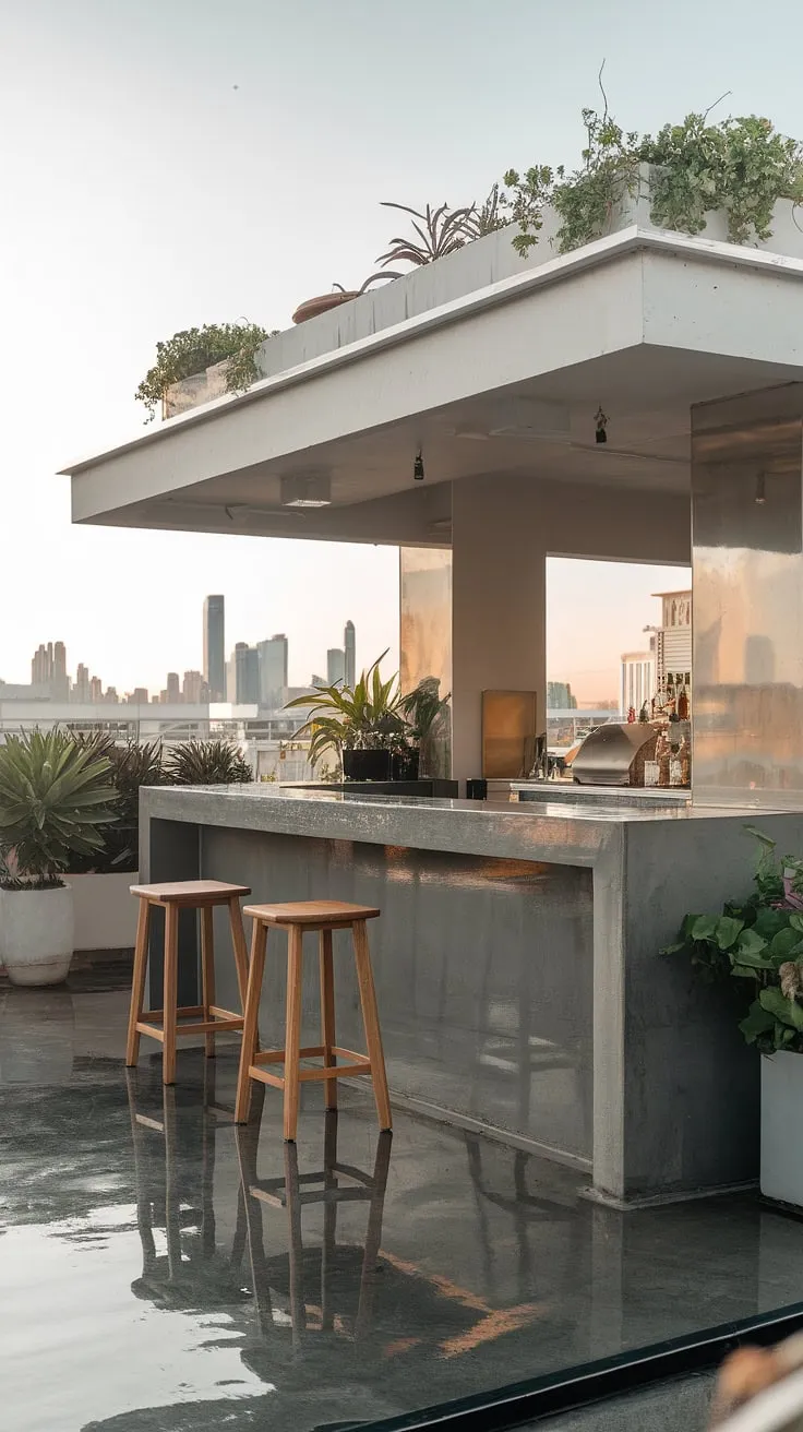 Rooftop bar design dreams come true with this home bar design. The glossy concrete bar, complemented by simple terrace decor, is ideal for outdoor entertaining in your own covered outdoor kitchens. Explore more terrace bar ideas for your perfect outdoor living spaces.