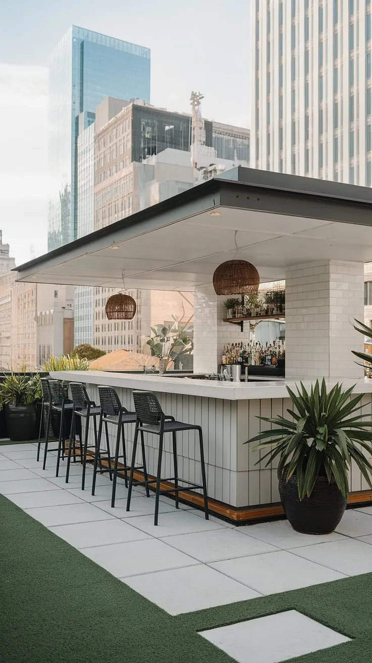 This modern outdoor bar, perfect for outdoor entertaining, boasts a sleek rooftop design. The covered structure, ideal for covered outdoor kitchens, offers a stylish setting for home bar design, incorporating elements of terrace decor with potted plants and hanging baskets. It's the ultimate home terrace bar, showcasing innovative terrace bar ideas and inspiring outdoor living spaces. The city skyline provides a breathtaking backdrop to this exceptional outdoor bar design.