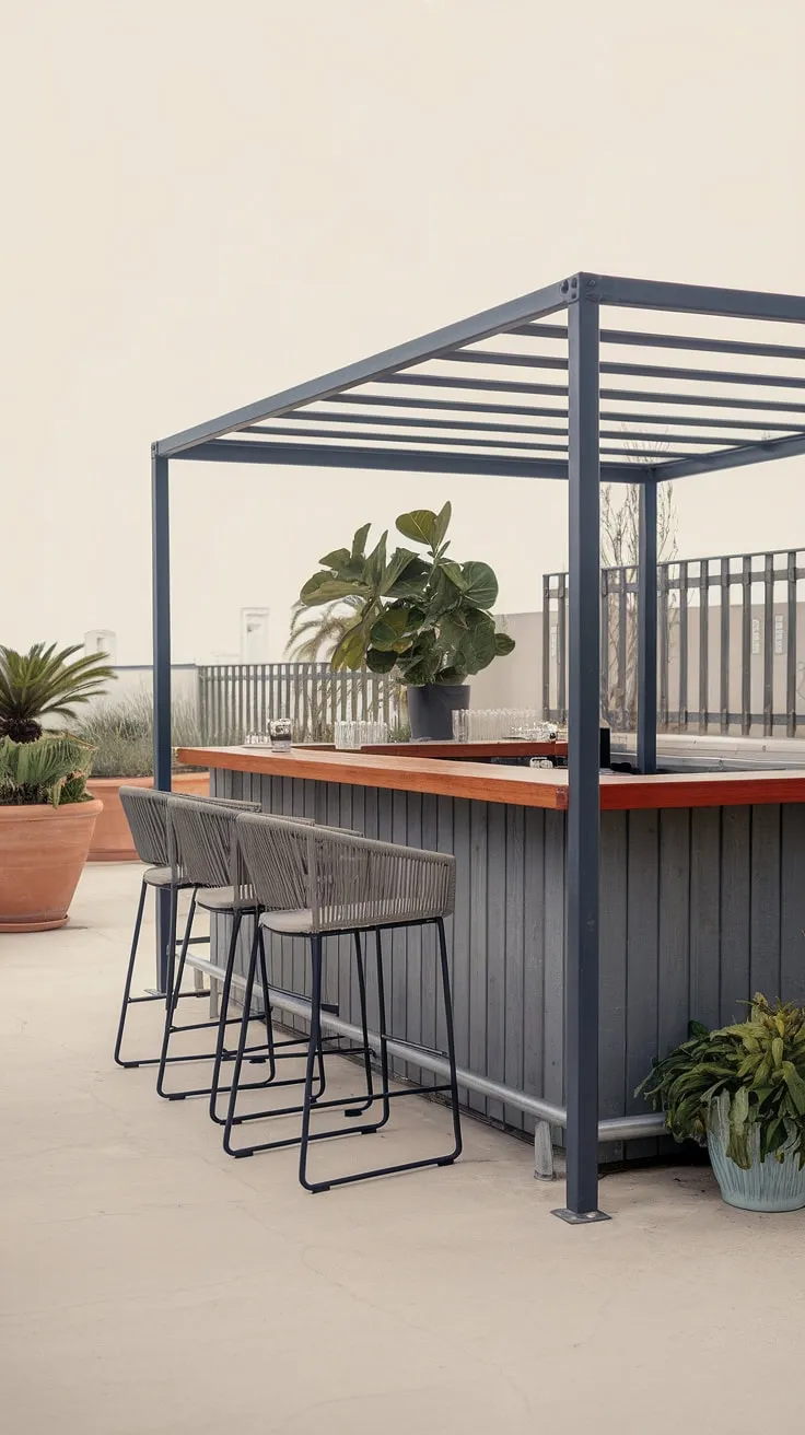 Unwind in style at your own home terrace bar. This modern outdoor bar, perfect for outdoor entertaining, offers endless terrace bar ideas and elevates your outdoor living spaces. Rooftop bar design meets covered outdoor kitchens in this sleek outdoor bar design.