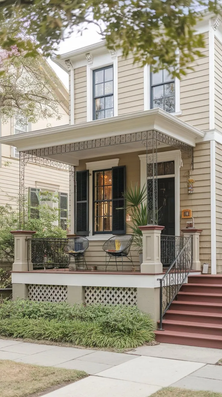 Cozy Beige House Featuring a Welcoming Porch Retreat