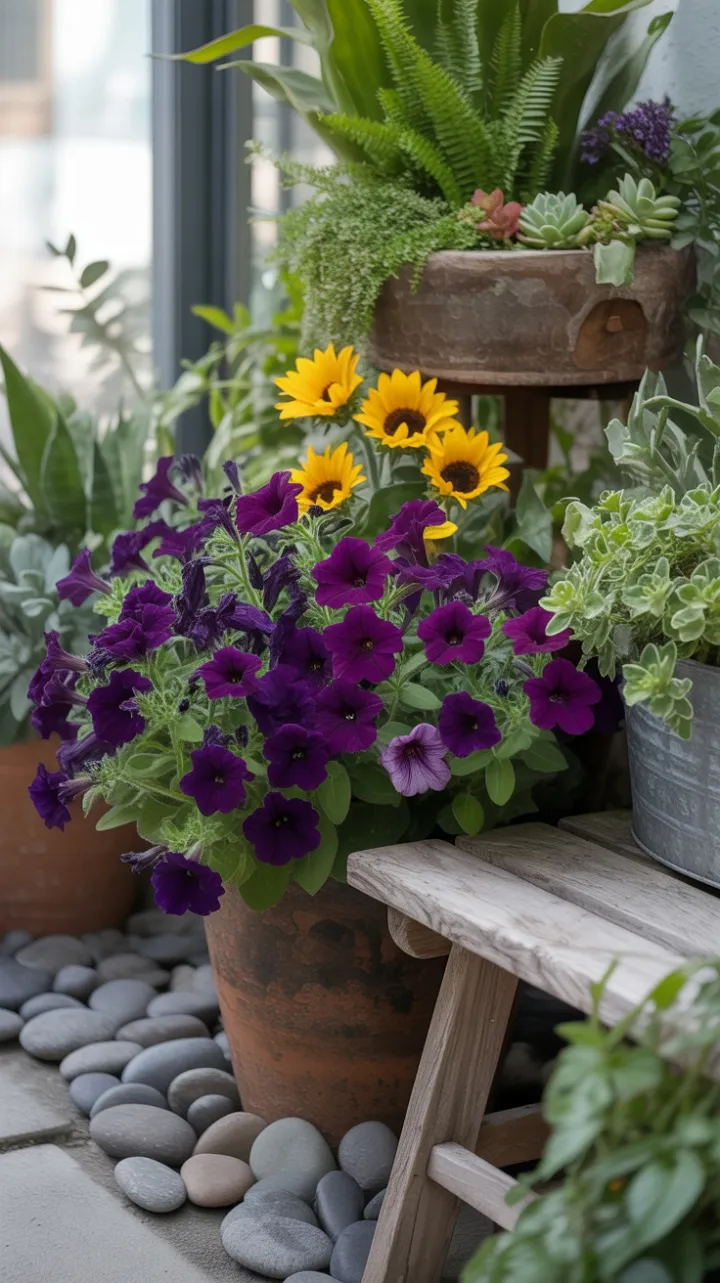 Sunlit Sanctuary with Purple Petunias and Golden Sunflowers