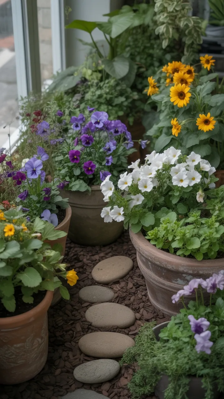 Sunlit Terracotta Oasis of Pansies Petunias and Sunflowers