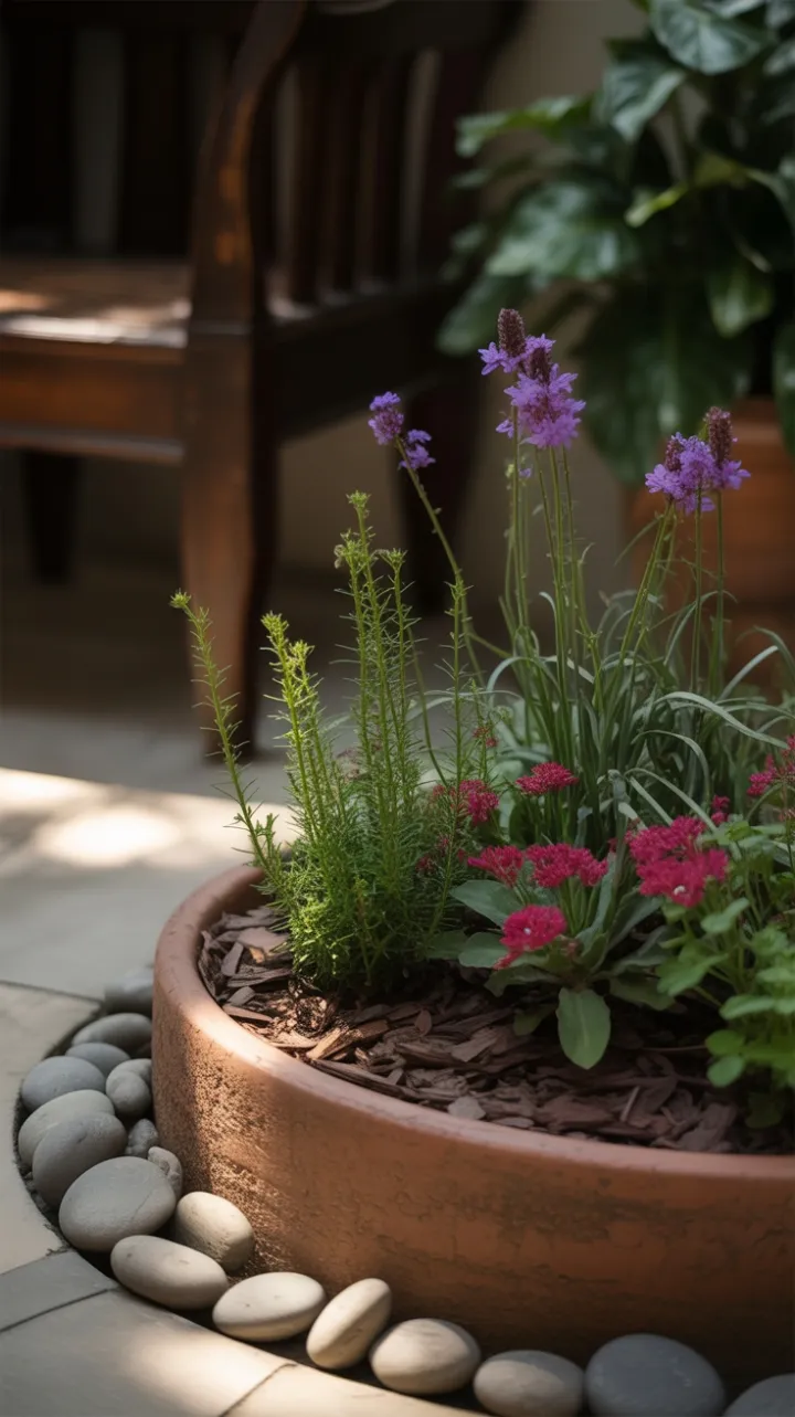 Sunlit Sanctuary of Purple Blooms and River-Stone Calm