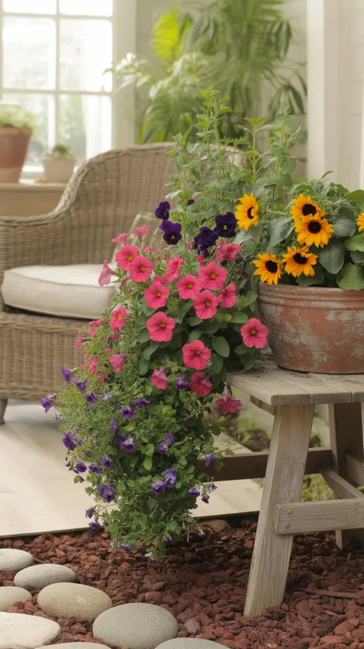 Sunlit Retreat of Cascading Petunias, Purple Pansies and Golden Sunflowers