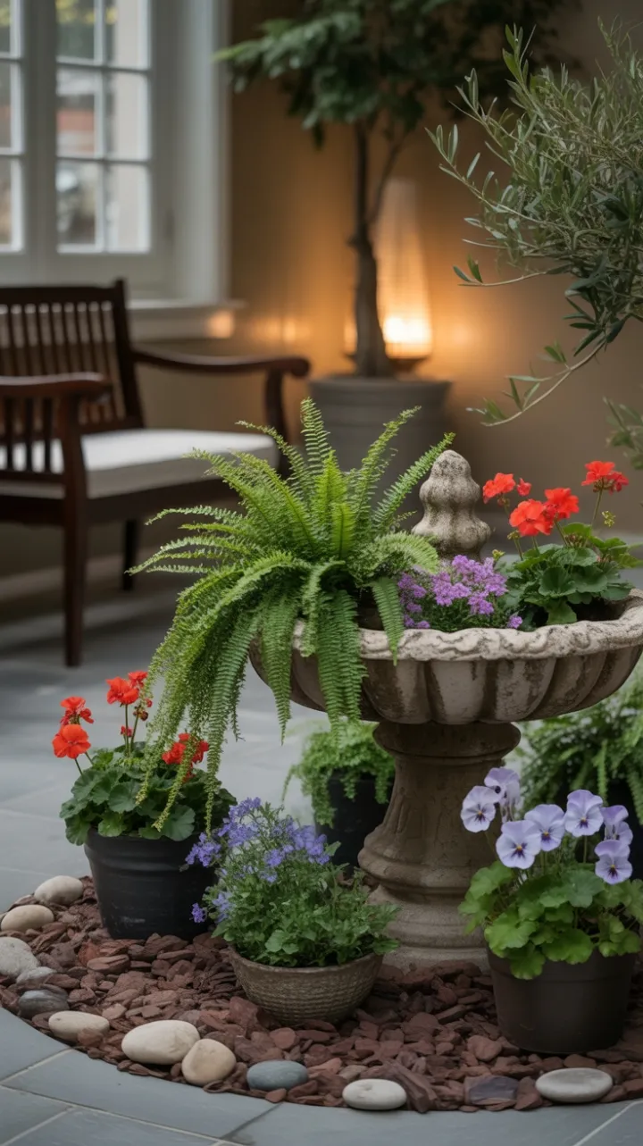 Sunlit Indoor Garden Retreat with Blooming Fountain