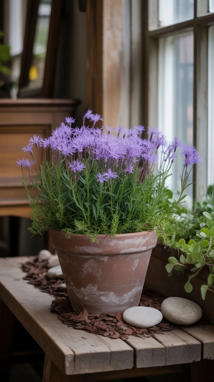 Sunlit Serenity with Velvet Purple Perennials on a Weathered Bench