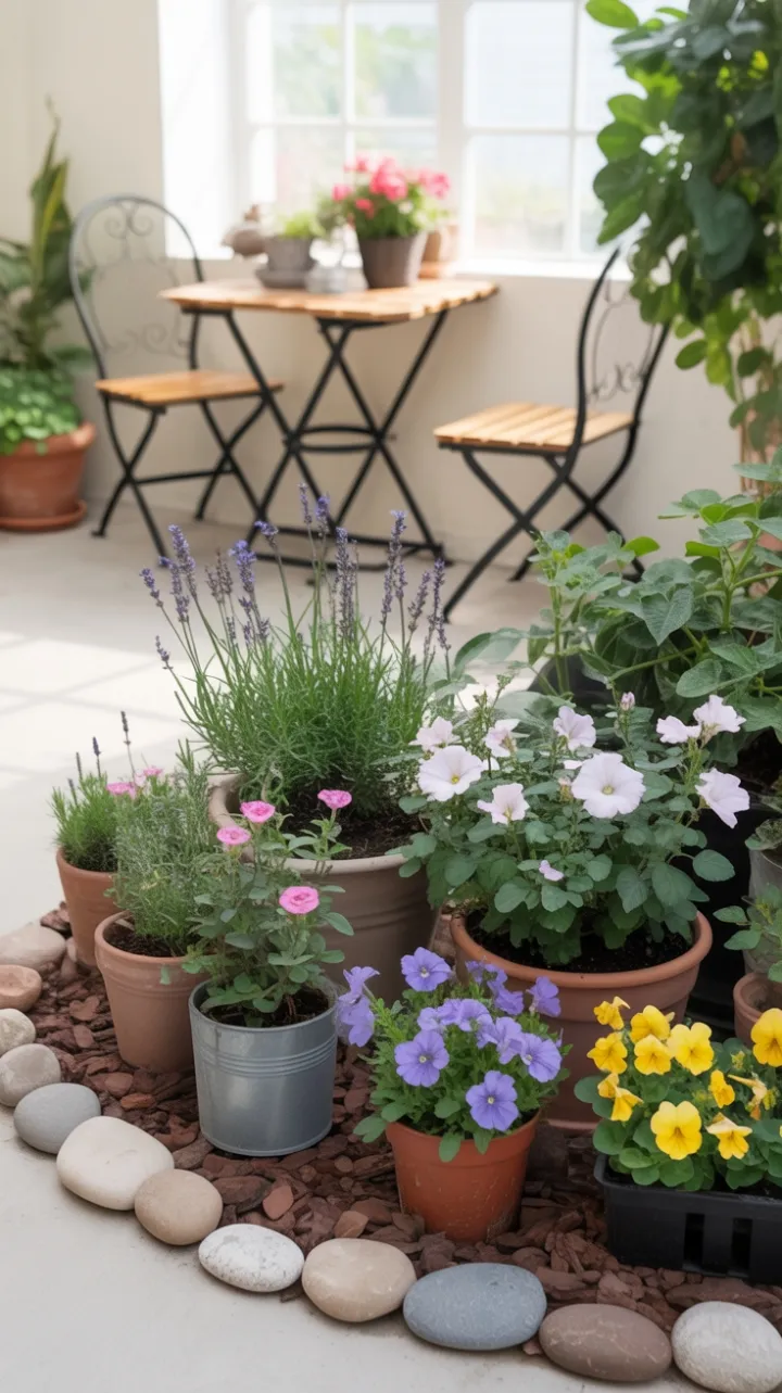Sunlit Indoor Garden Retreat with Lavender, Roses and Bistro Charm