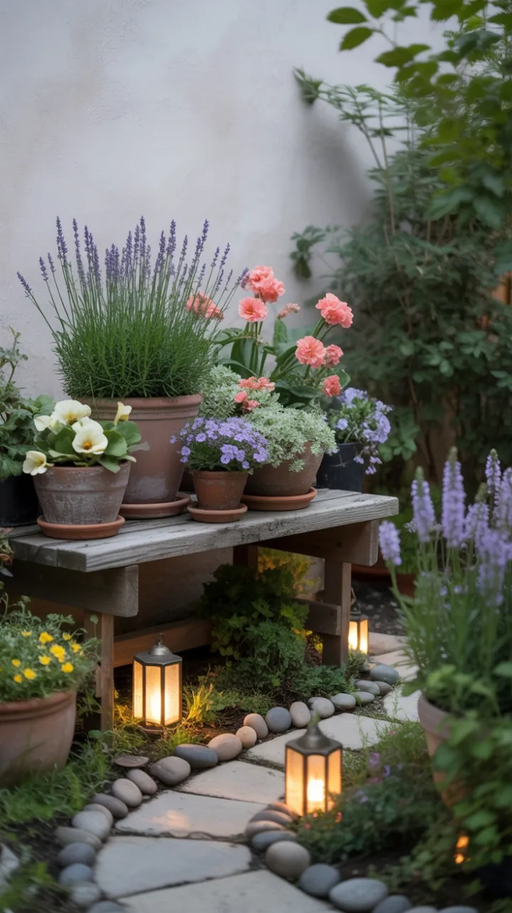 Serene Lantern-Lit Terracotta Garden in Lavender Coral and Cream