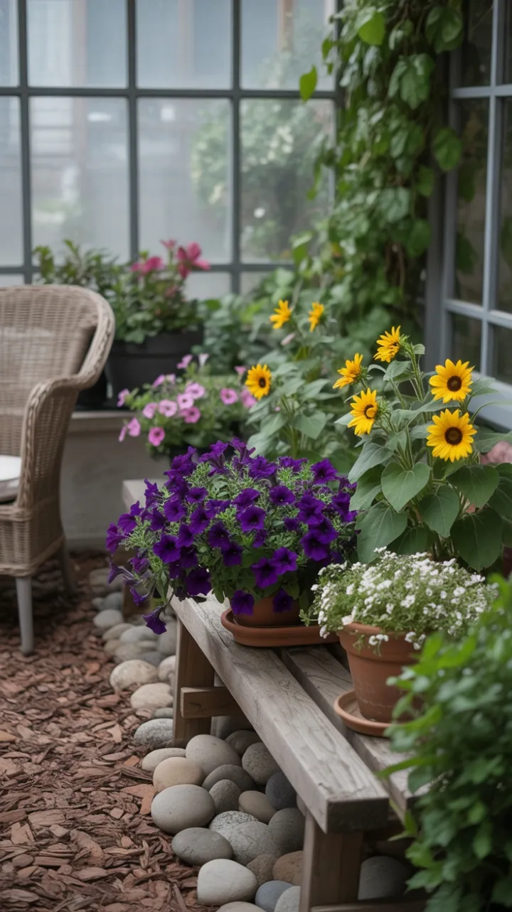 Sunlit Serenity in a Wicker Nook of Petunias and Sunflowers