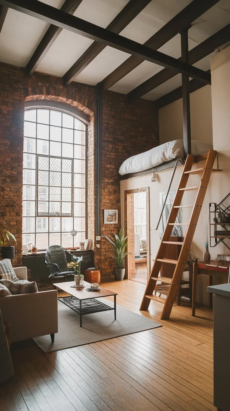 This cozy loft apartment seamlessly blends industrial aesthetics with comfortable living. Exposed brick, steel beams, and a large windowed grate create a raw, industrial feel, while the wooden floors, comfy sofa, and lush plant add warmth and softness, making it the perfect example of a soft loft.