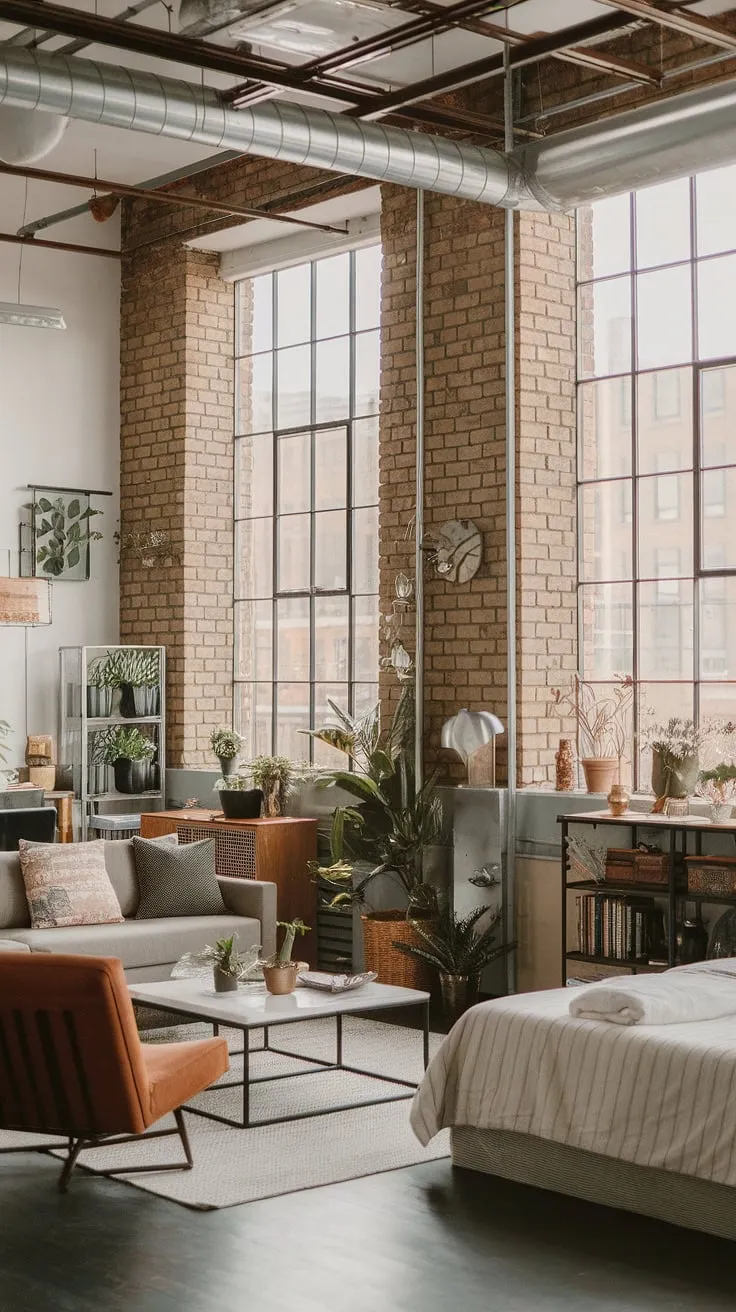 Sunlight streams into this cozy loft apartment, highlighting the raw beauty of its industrial design.  The exposed brick and high ceilings are softened by comfortable furnishings, a perfect blend of industrial lofts and soft loft living.  This industrial apartment offers the best of both worlds: urban grit and comfortable warmth.