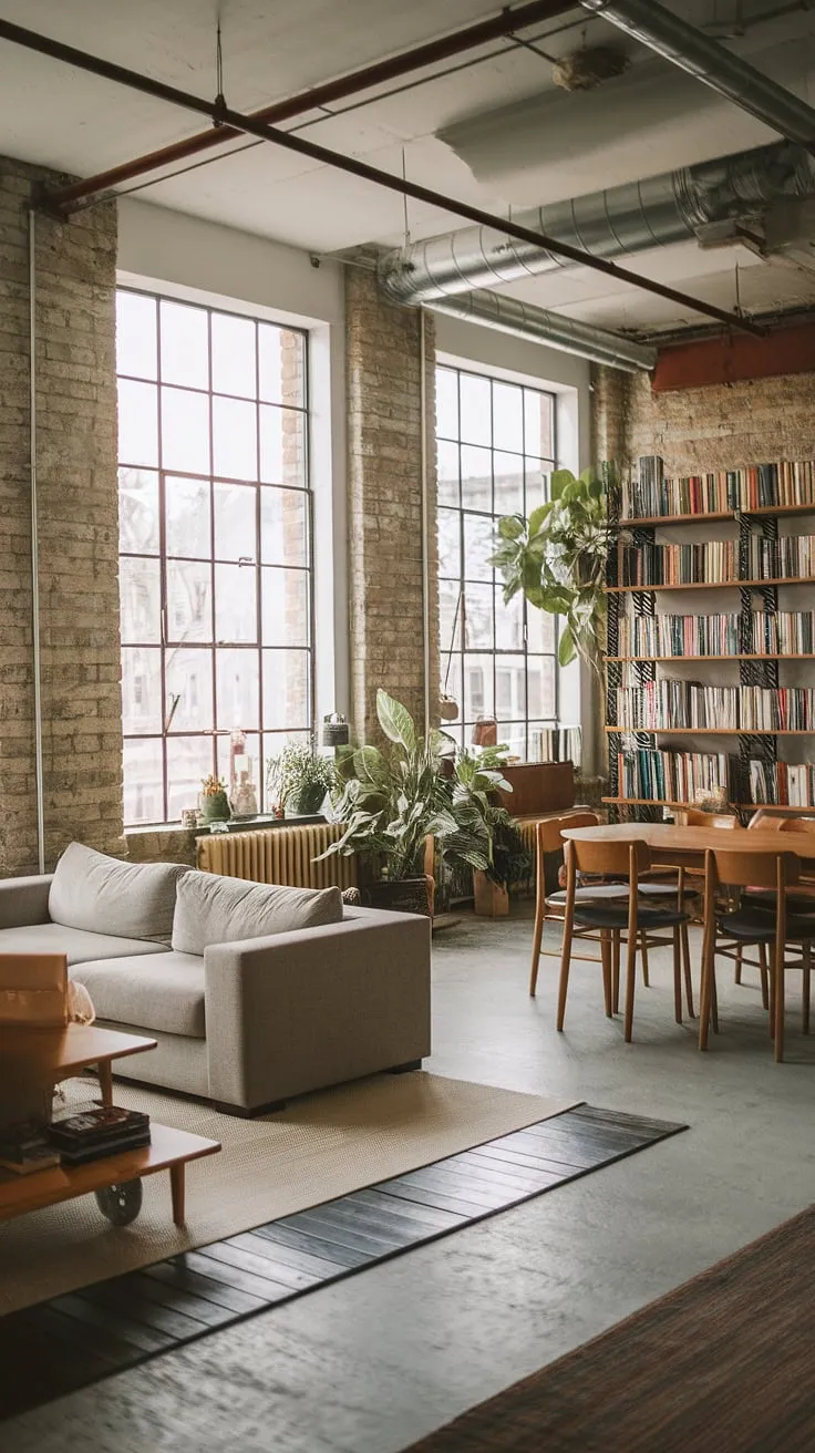 The perfect balance of raw industrial elements and soft textures defines this stunning soft loft.  High ceilings and exposed brick give this industrial apartment a spacious feel, while the comfortable seating and thoughtful details create a cozy loft apartment perfect for relaxing after a long day.  A true testament to the beauty of industrial lofts.