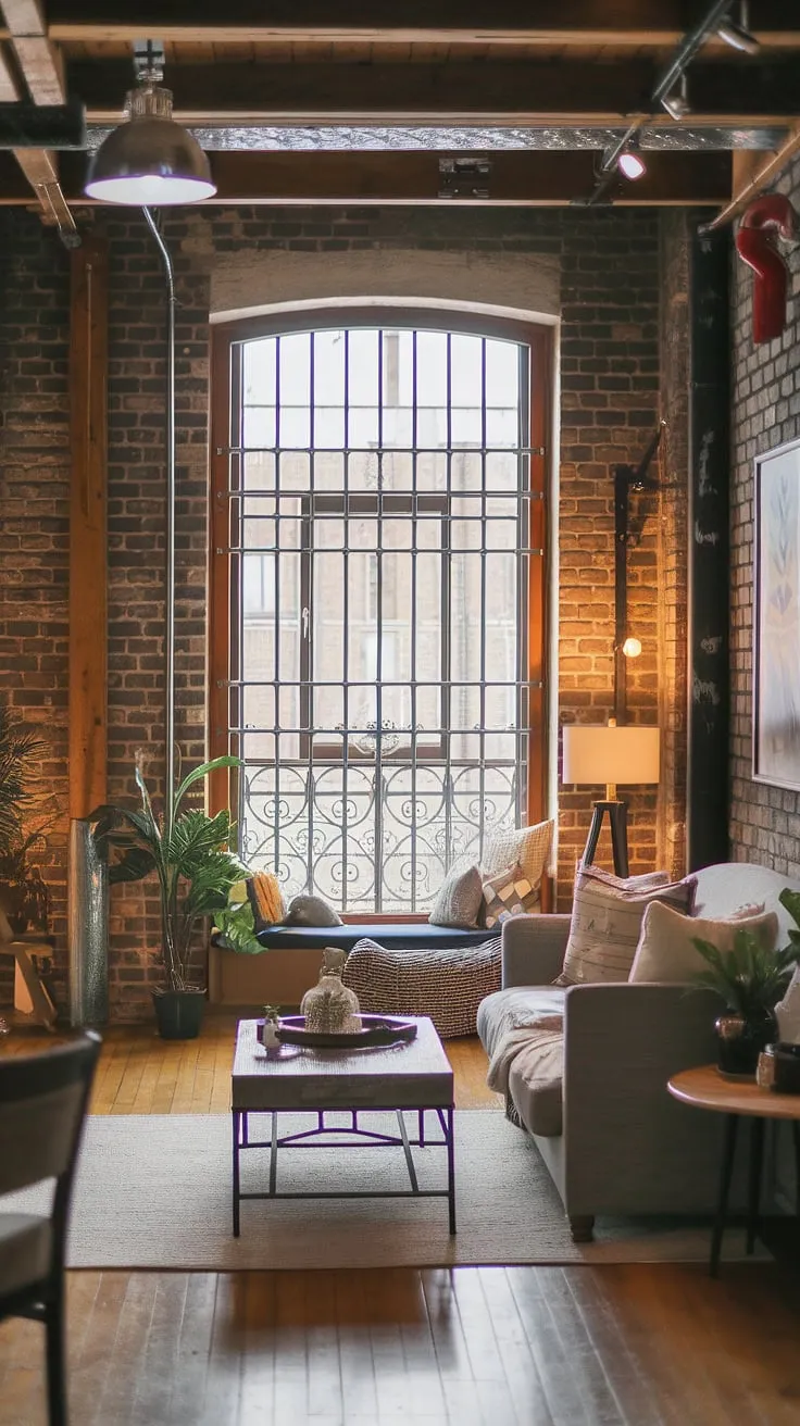 Warmth meets industrial chic in this stunning soft loft.  The exposed brick and iron window bars of this industrial lofts space are beautifully complemented by the plush sofa and soft lighting, creating the ultimate cozy loft apartment retreat.