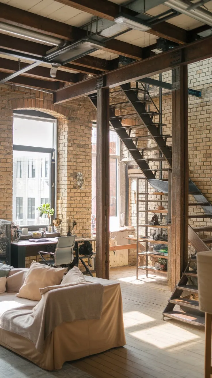 The raw texture of industrial lofts meets unexpected coziness in this soft loft apartment.  High ceilings and exposed brick create the perfect backdrop for a surprisingly intimate and comfortable living space.  This industrial apartment offers the best of both worlds: urban grit and inviting warmth.