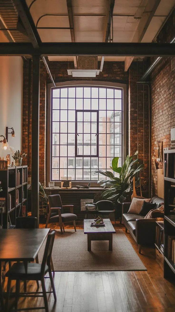 The raw beauty of industrial lofts meets the comfort of a cozy home in this stunning apartment. High ceilings, exposed brick walls, and steel beams define the industrial apartment's character, yet the carefully chosen furniture and warm lighting create a surprisingly soft loft feel.  A perfect example of how industrial design can be both striking and inviting.