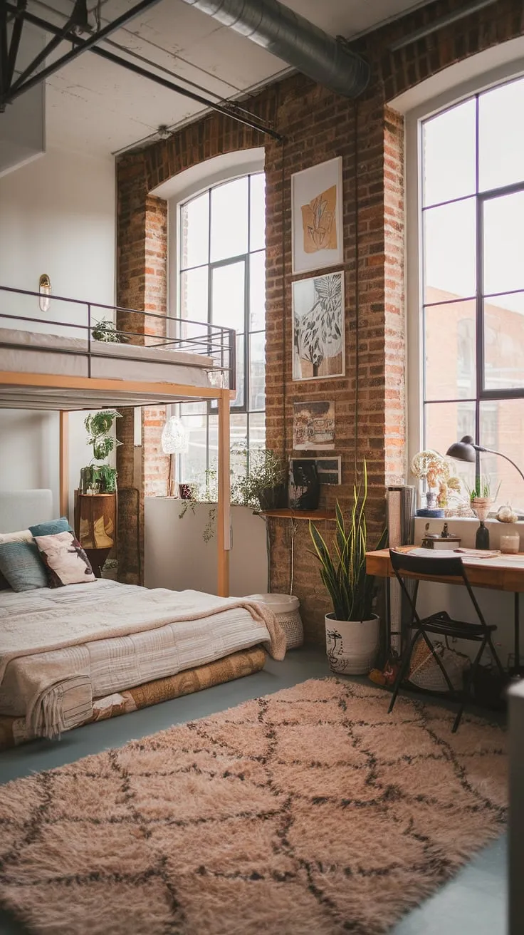 Find your perfect balance of industrial chic and cozy comfort in this soft loft.  The large windows and high ceilings of this industrial lofts space are complemented by warm textures and thoughtful details, creating the ultimate cozy loft apartment.