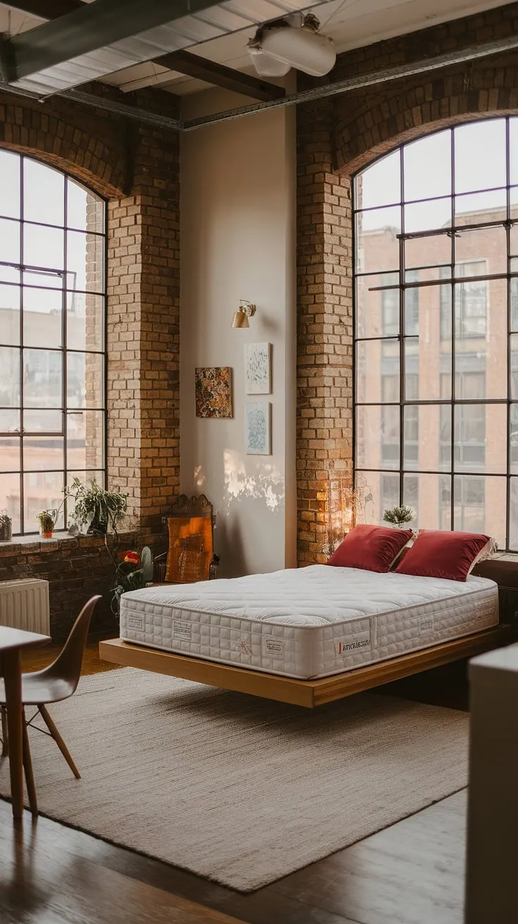 This industrial apartment, with its high ceilings and exposed brick, is a stunning example of how to create a soft loft feel.  The large windows and warm lighting transform this industrial lofts space into a truly inviting and cozy loft apartment.