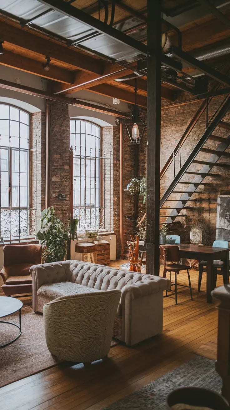 Industrial lofts often feel cold, but this industrial apartment is anything but.  The large windows, hardwood floors, and carefully chosen furnishings transform this raw space into a welcoming and stylish cozy loft apartment, a testament to the beauty of a well-designed soft loft.
