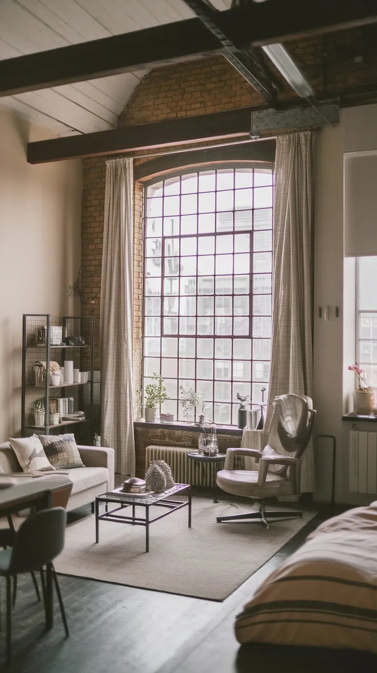 The perfect blend of industrial apartment grit and soft loft comfort.  This stunning space showcases the best of both worlds: exposed brick walls and wooden beams meet plush seating and a calming color palette in this dreamy industrial lofts haven.