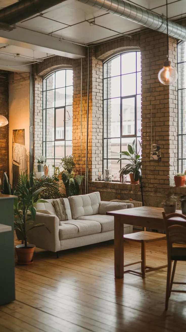 This cozy loft apartment perfectly blends industrial chic with a soft, inviting atmosphere.  The exposed brick and high ceilings of this industrial apartment create a stunning backdrop for comfortable living, proving that industrial lofts can be surprisingly warm and welcoming.