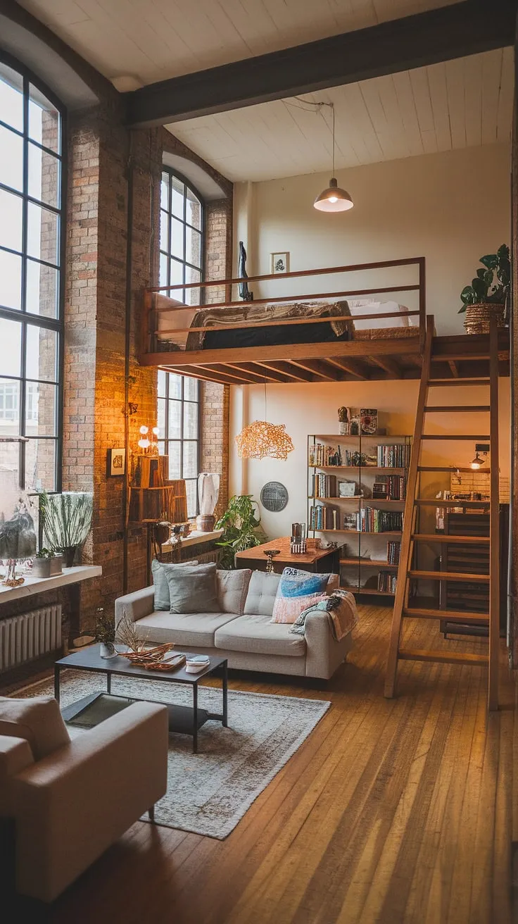 This industrial apartment is the epitome of urban chic.  The soft loft feel is enhanced by the warm lighting and comfortable furnishings, while the exposed brick and high ceilings maintain the raw, industrial lofts aesthetic of this stunning cozy loft apartment.