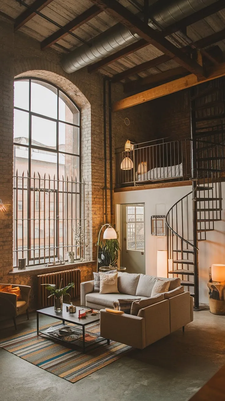The raw texture of industrial lofts meets unexpected coziness in this soft loft apartment.  High ceilings and exposed brick create the perfect backdrop for a surprisingly intimate and comfortable living space.  This industrial apartment is a testament to the beauty of blending rugged charm with modern comfort.