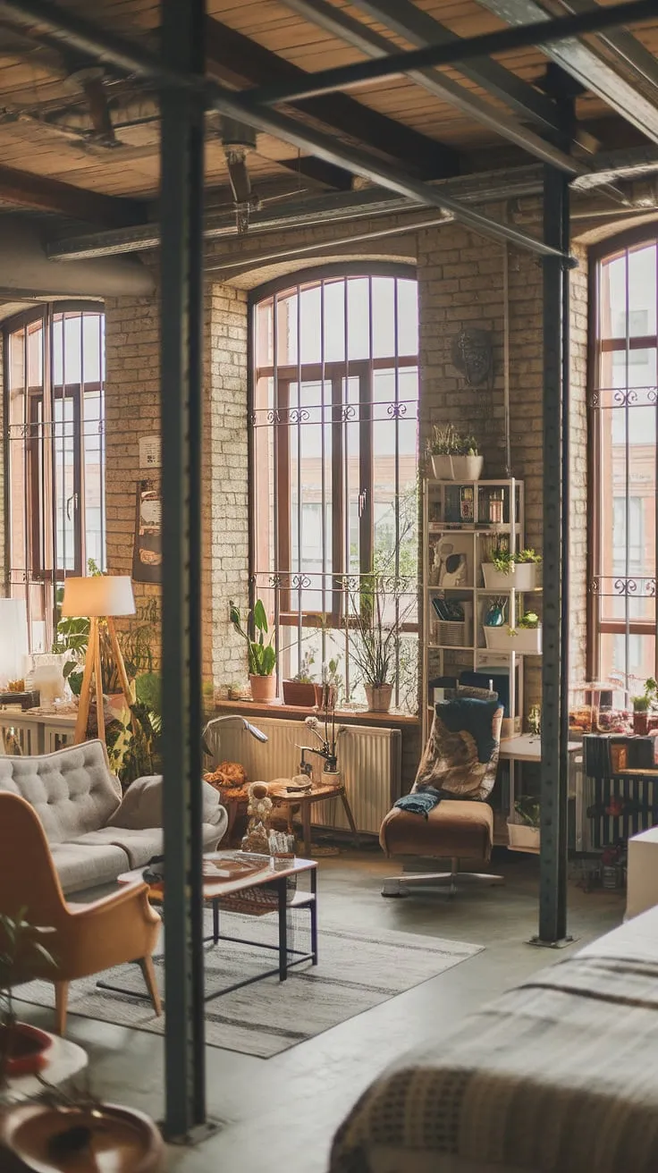 Raw industrial beams meet cozy comfort in this stunning loft apartment; the perfect blend of soft loft living and urban grit.