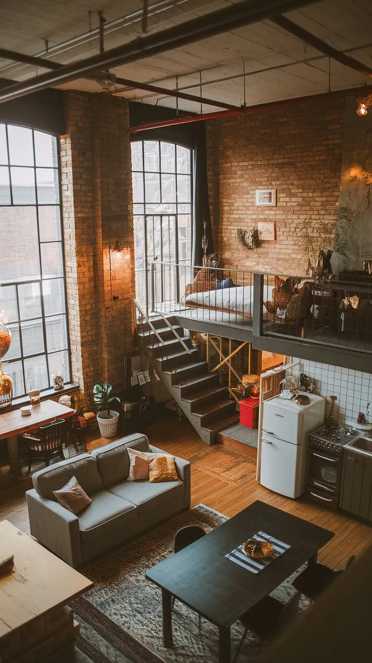 The raw beauty of exposed brick and high ceilings meets unexpected coziness in this soft loft apartment; a perfect blend of industrial loft and comfortable living.