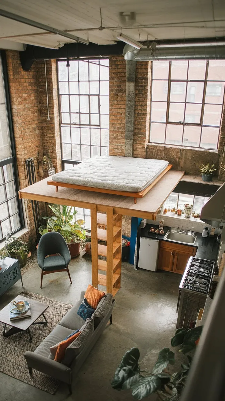 This cozy loft apartment seamlessly blends industrial aesthetics with unexpected warmth.  The exposed brick and high ceilings of this industrial apartment create a spacious feel, while the soft loft bed and potted plants add a touch of homey comfort.  A perfect example of how industrial lofts can be transformed into inviting living spaces.
