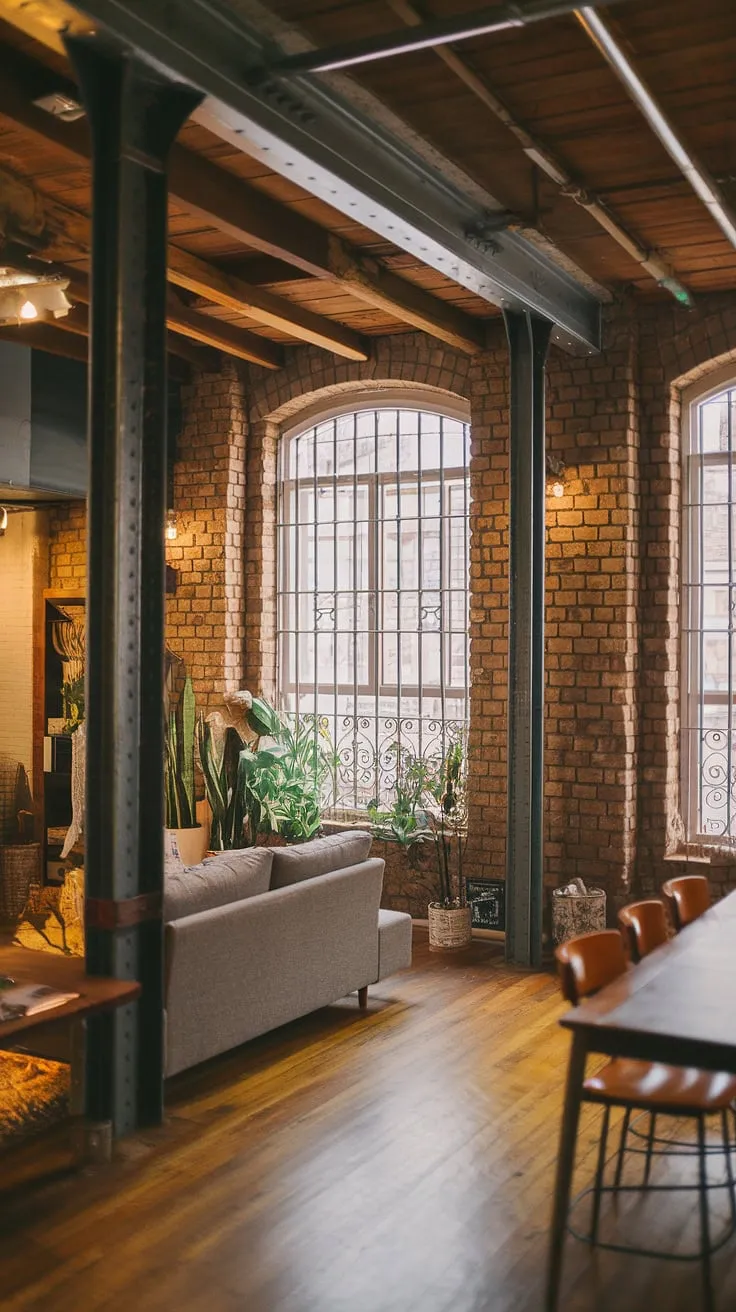 This industrial apartment, a true gem among industrial lofts, offers the spaciousness of a loft apartment with the inviting warmth of a cozy loft apartment.