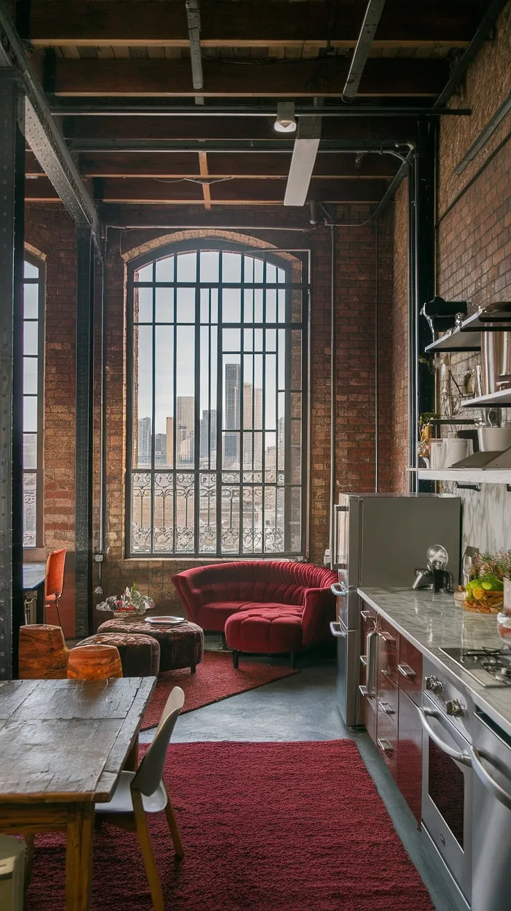 This industrial apartment's exposed brick and high ceilings create a spacious feel, while carefully curated details transform it into a truly cozy loft apartment, a testament to the best of industrial lofts.
