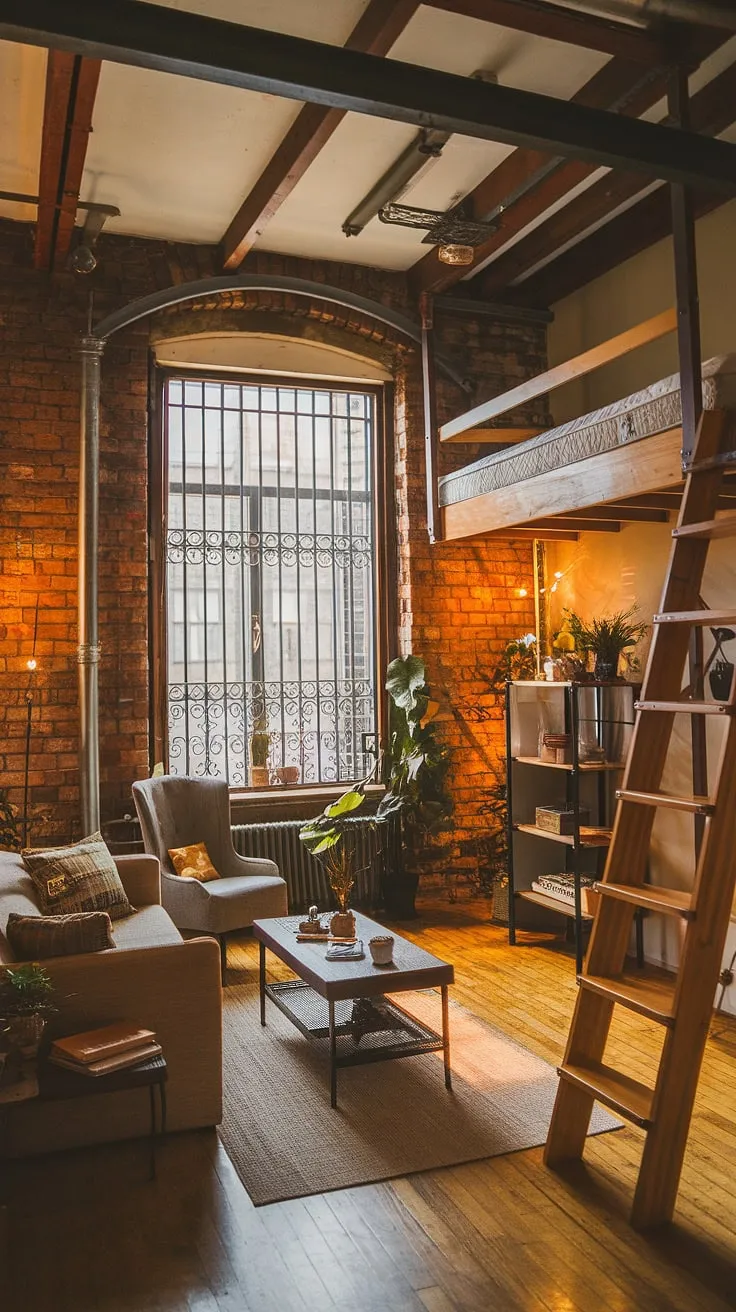 This cozy loft apartment seamlessly blends industrial design with a warm, inviting atmosphere. Exposed brick, steel beams, and wooden floors create the perfect backdrop for comfortable living, showcasing the best of industrial lofts and soft loft aesthetics.  The large window and strategically placed plants add a touch of nature to this stunning industrial apartment.