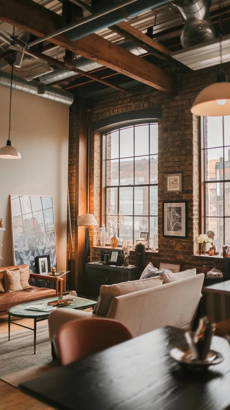 This cozy loft apartment seamlessly blends industrial elements—exposed brick, wooden beams—with a soft, inviting atmosphere.  The high ceilings and large window overlooking the city create a truly unique and spacious feel, perfect for modern living in an industrial loft.
