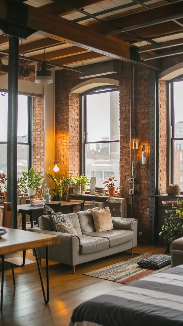 The raw beauty of exposed brick and high ceilings meets unexpected coziness in this soft loft apartment.  A perfect blend of industrial loft living and comfortable urban retreat, this space seamlessly marries the character of industrial lofts with the warmth of a cozy home.