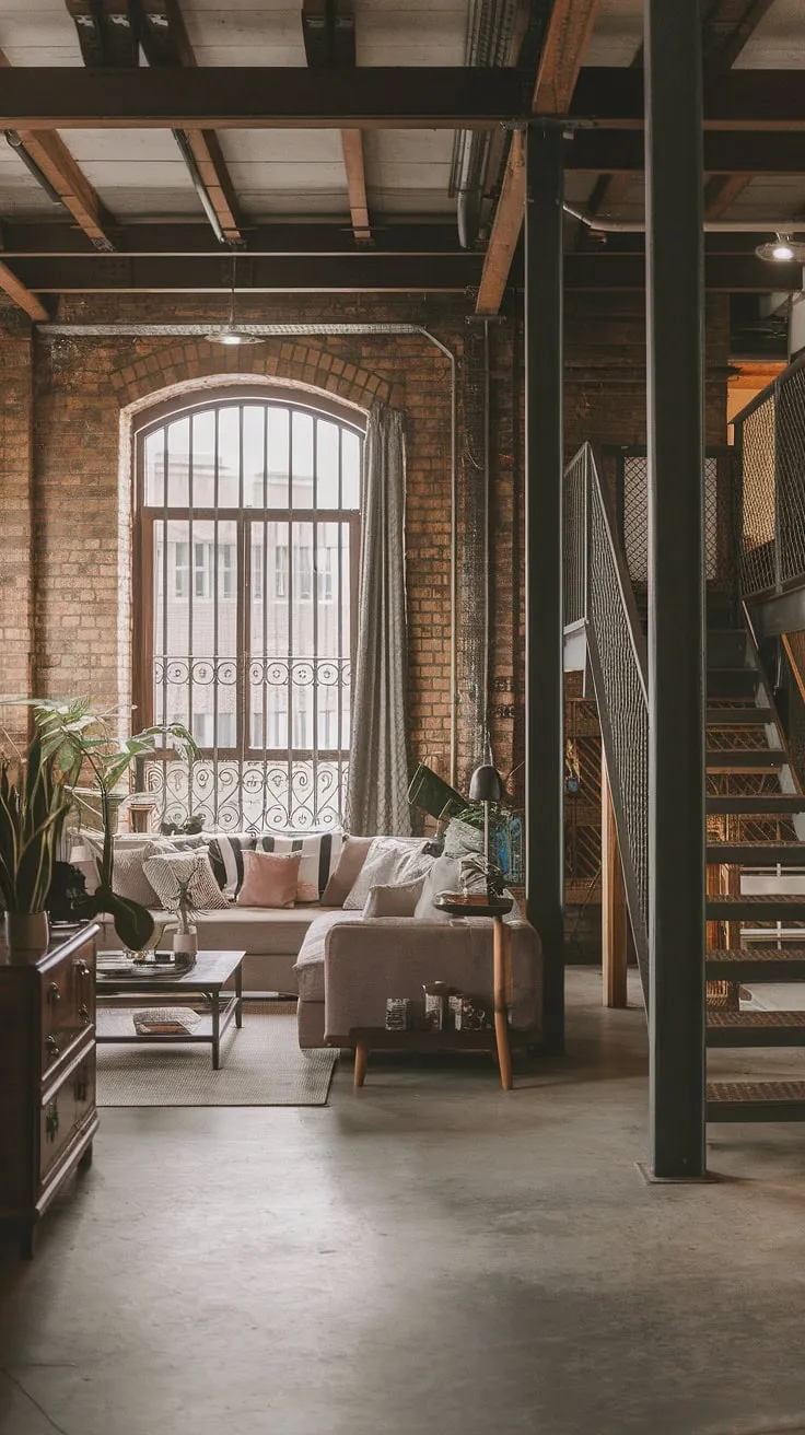 Raw industrial beams meet cozy comfort in this stunning loft apartment; the perfect blend of soft loft aesthetics and urban grit.