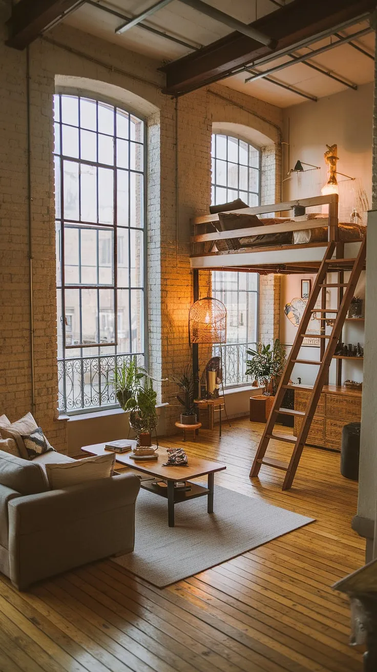 The charm of this soft loft apartment is undeniable. High ceilings, exposed brick walls, and large windows define its industrial apartment aesthetic, yet the carefully chosen furnishings and warm wood floors create a surprisingly cozy and intimate space.  A dream come true for those seeking the best of both worlds in their industrial lofts.