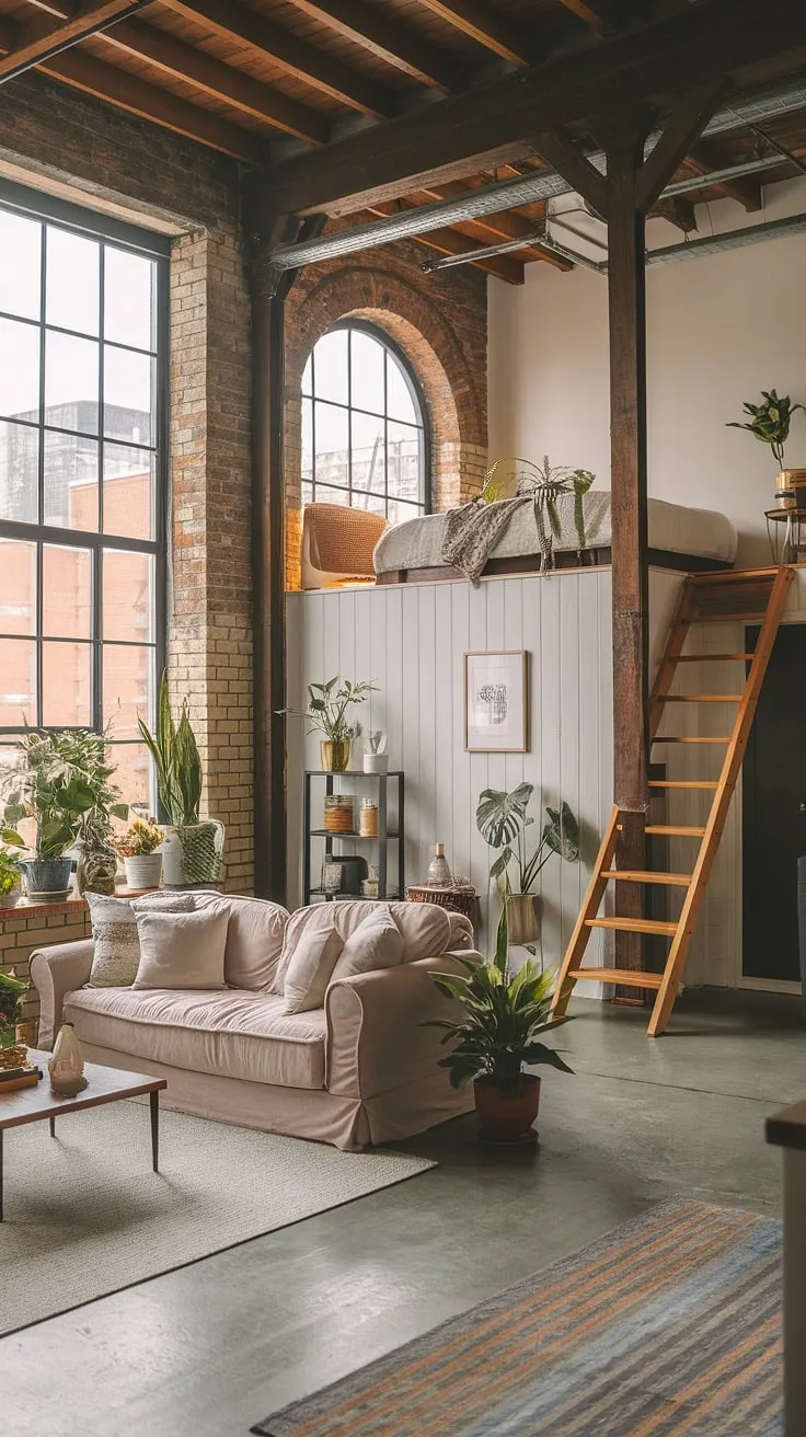 High ceilings and city views define this stunning industrial apartment.  The soft loft aesthetic, complete with a plush sofa and warm wood accents, transforms this raw industrial space into a cozy and inviting home.  A true testament to the beauty of industrial lofts reimagined.