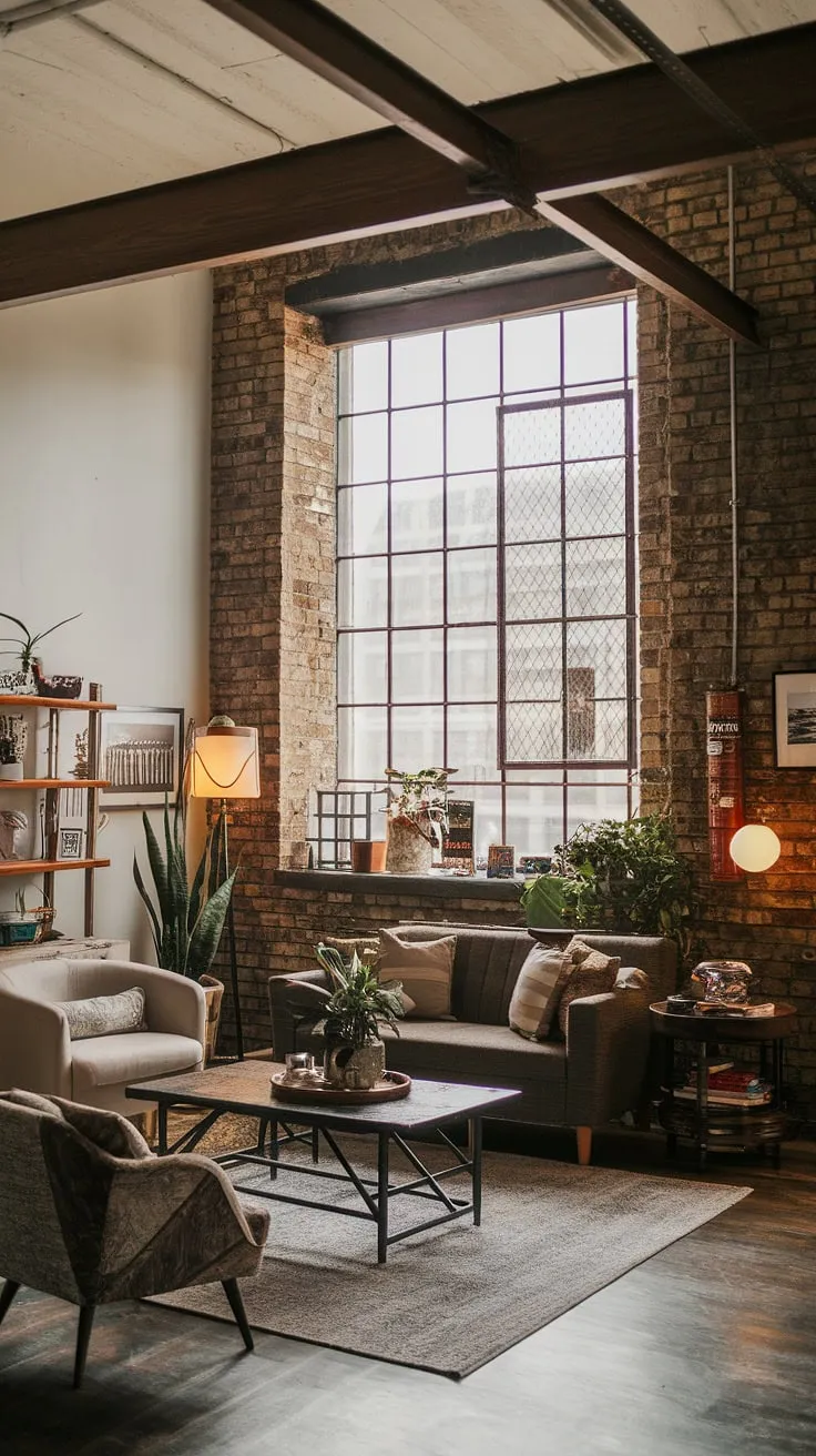 This cozy loft apartment seamlessly blends industrial elements—exposed brick, a wooden beam, and a window grate—with comfortable seating and soft lighting, creating the perfect soft loft retreat within an industrial apartment setting.  The result?  A truly unique and inviting space.