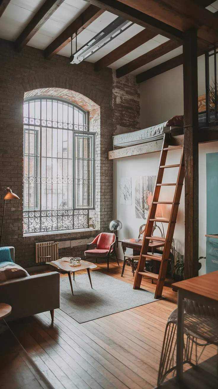 Find your perfect blend of urban grit and comfortable living in this stunning industrial loft.  The exposed brick walls and wooden beams of this soft loft apartment create a warm, inviting atmosphere, while the industrial lofts aesthetic is softened by the cozy furnishings and charming ladder leading to a secluded sleeping area.