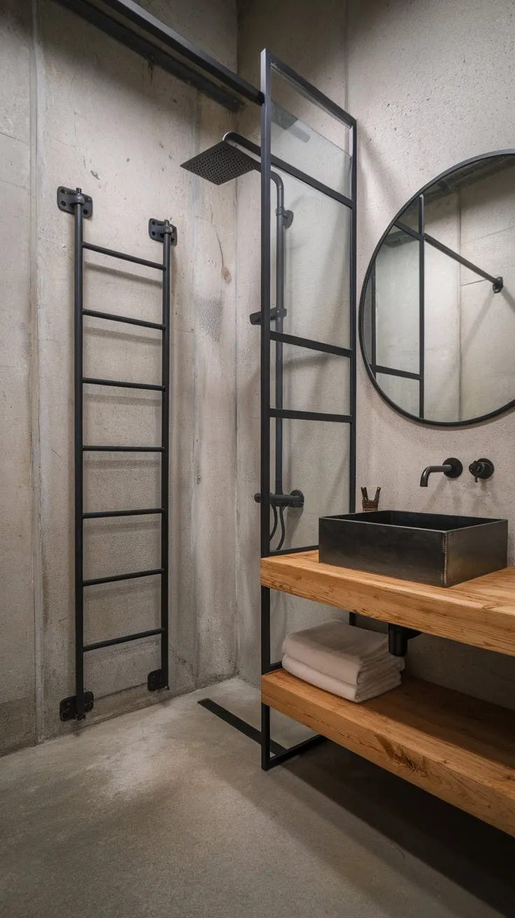 Raw concrete and black metal fixtures define this industrial bathroom's stark yet stylish aesthetic