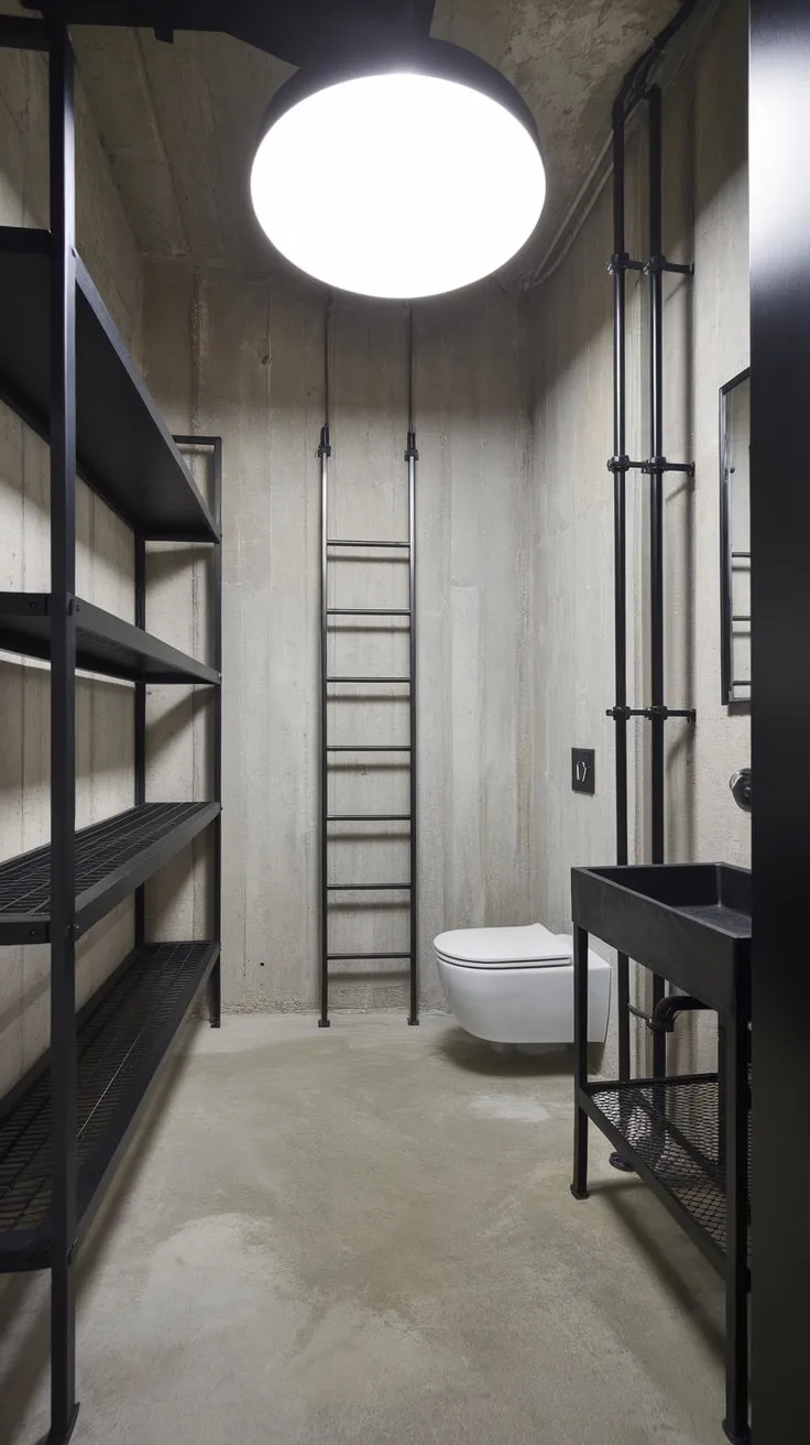 A modern industrial bathroom boasts a striking contrast of raw concrete and refined black metal accents.