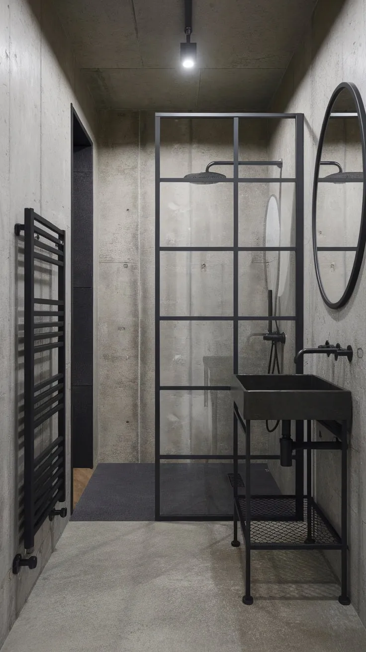 A bright, industrial bathroom boasts concrete walls and floors contrasted by stylish black metal accents.